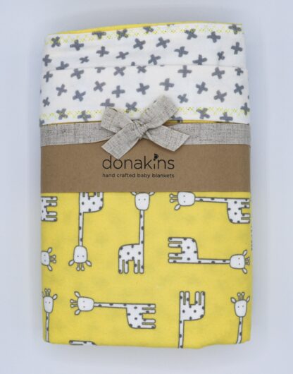 donakins standing tall yellow giraffe themed flannel baby blanket