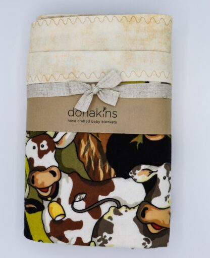 donakins moo cow and farm themed flannel baby blanket