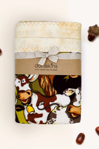 donakins moo cow and farm themed flannel baby blanket